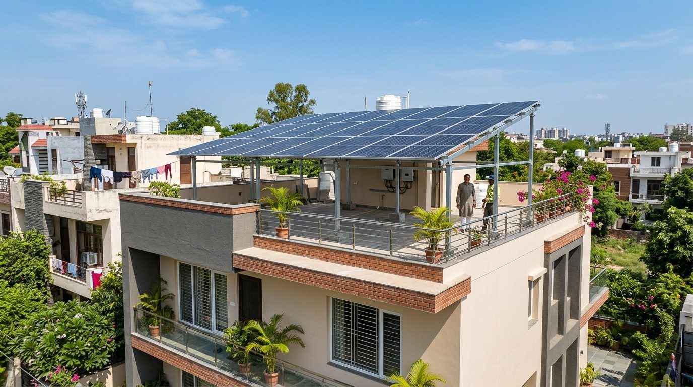 Residential elevated rooftop solar panel installation on a modern home terrace in Uttar Pradesh